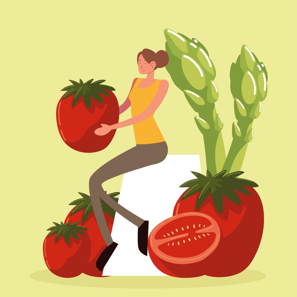 mujer con tomates y espárragos vector