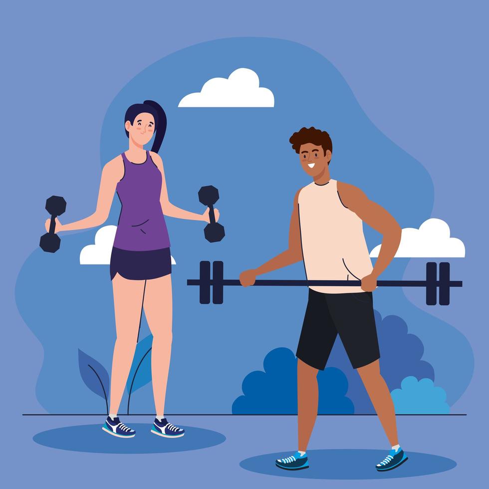 couple practicing exercise outdoor, sport recreation concept vector