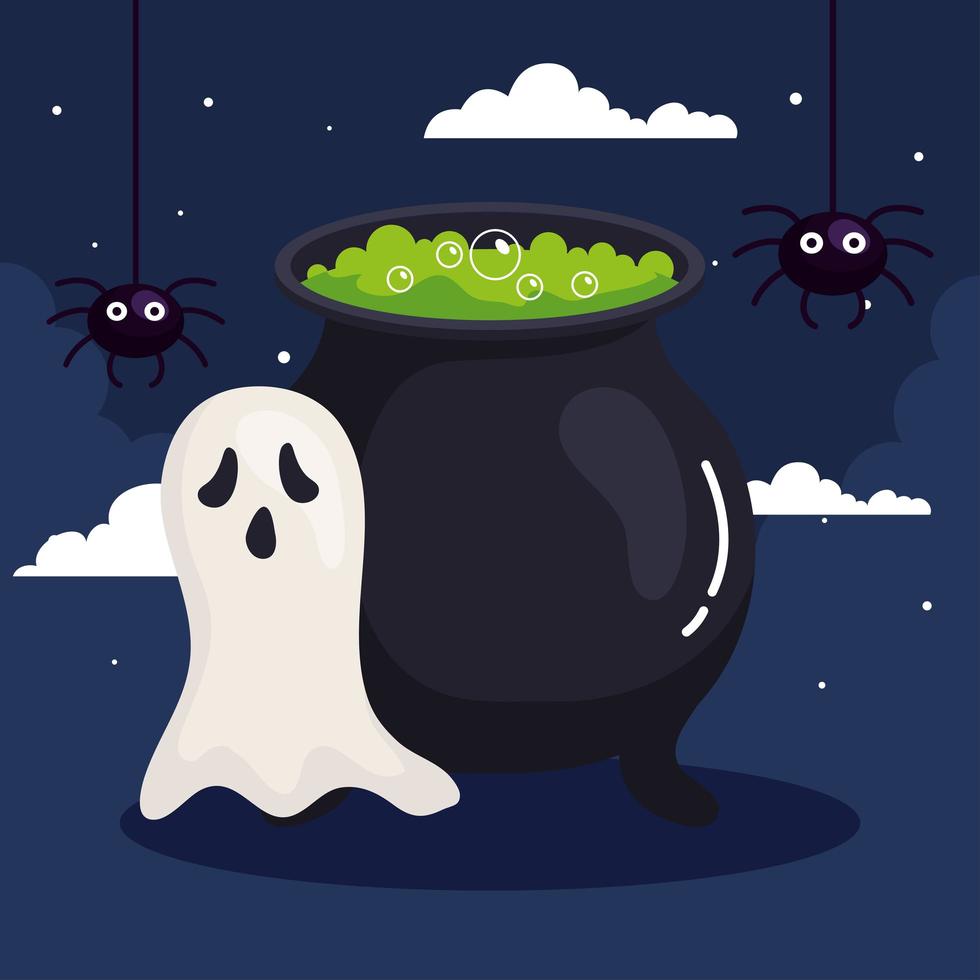 happy halloween banner with cauldron, ghost and spiders hanging vector