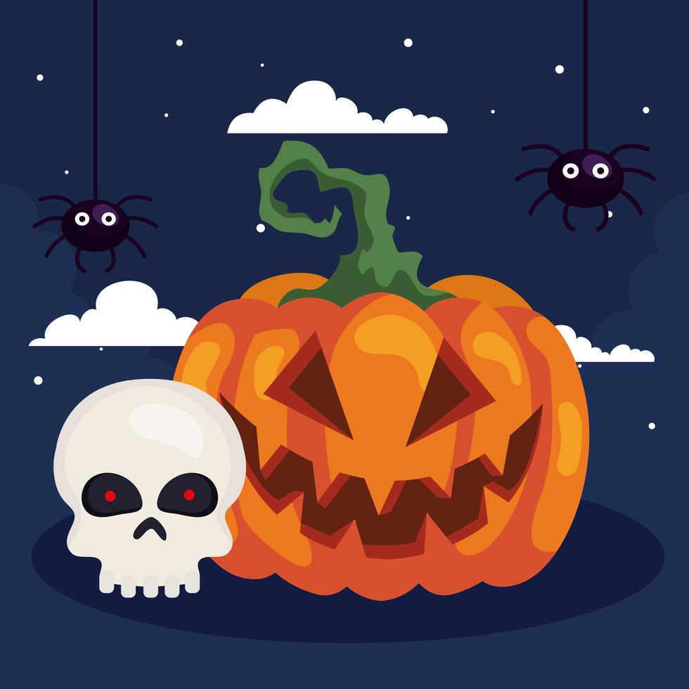 banner de feliz halloween con calabaza, cabeza de calavera y arañas vector