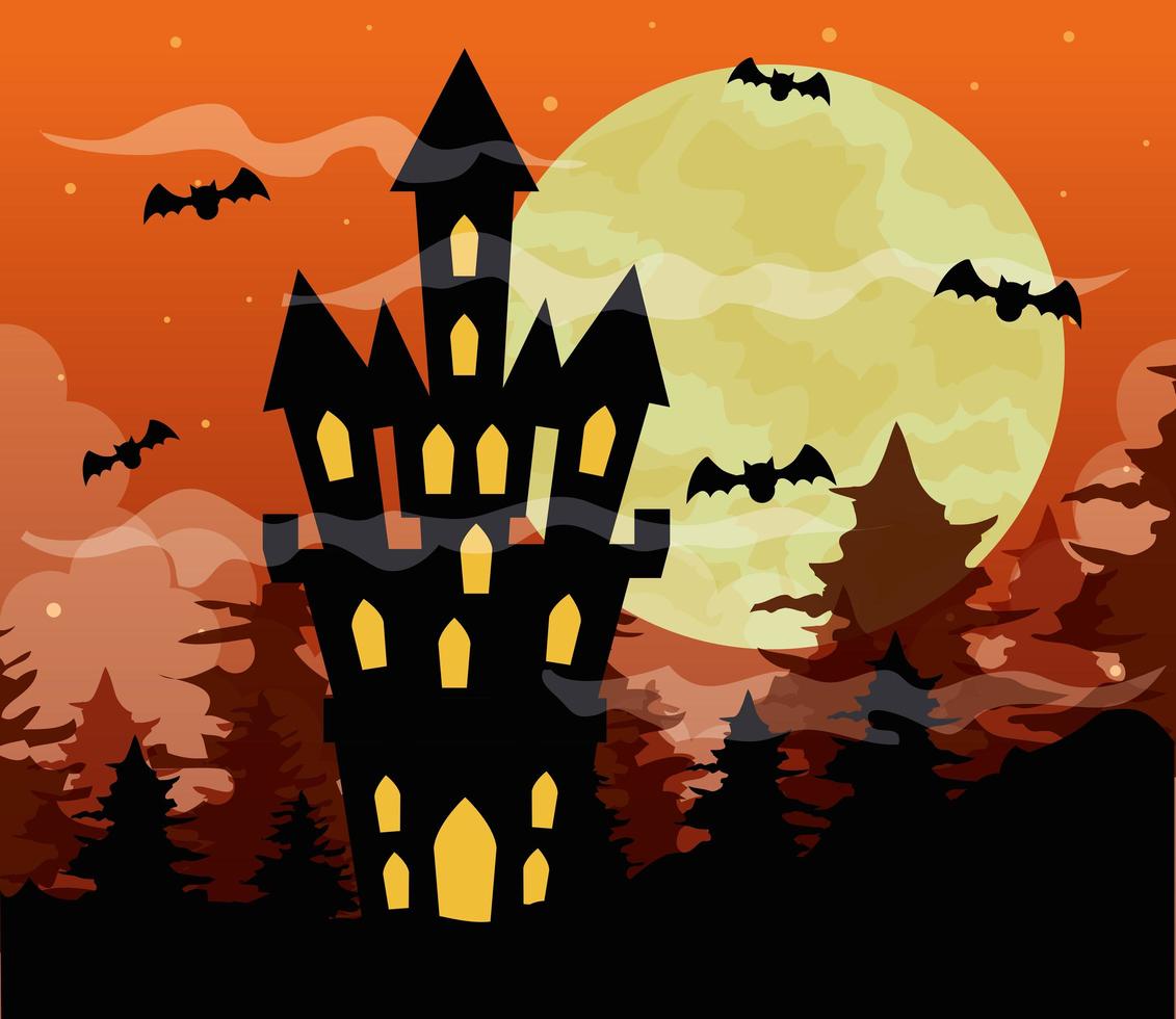 Fondo de feliz halloween con castillo embrujado, murciélagos volando y luna llena en el cielo naranja vector