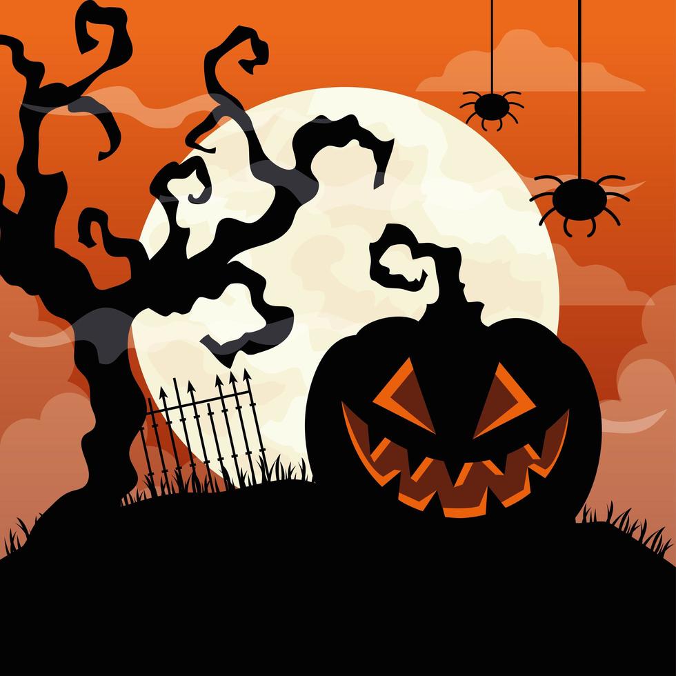 Fondo de feliz halloween con calabaza, árbol seco, arañas colgando y luna llena vector