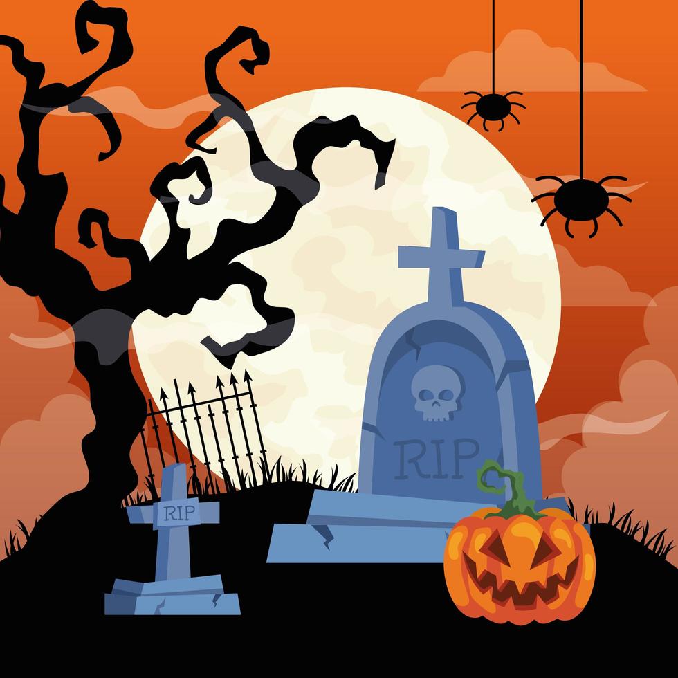 happy halloween background with pumpkin, dry tree, spiders hanging and tombstones cemetery vector