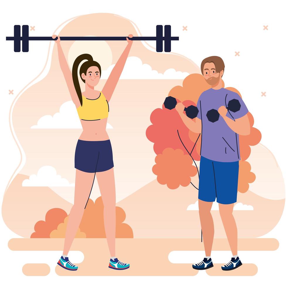 couple doing exercises outdoor, sport recreation concept vector