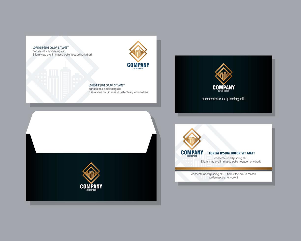 corporate identity brand mockup, set business stationery, black mockup with golden sign vector
