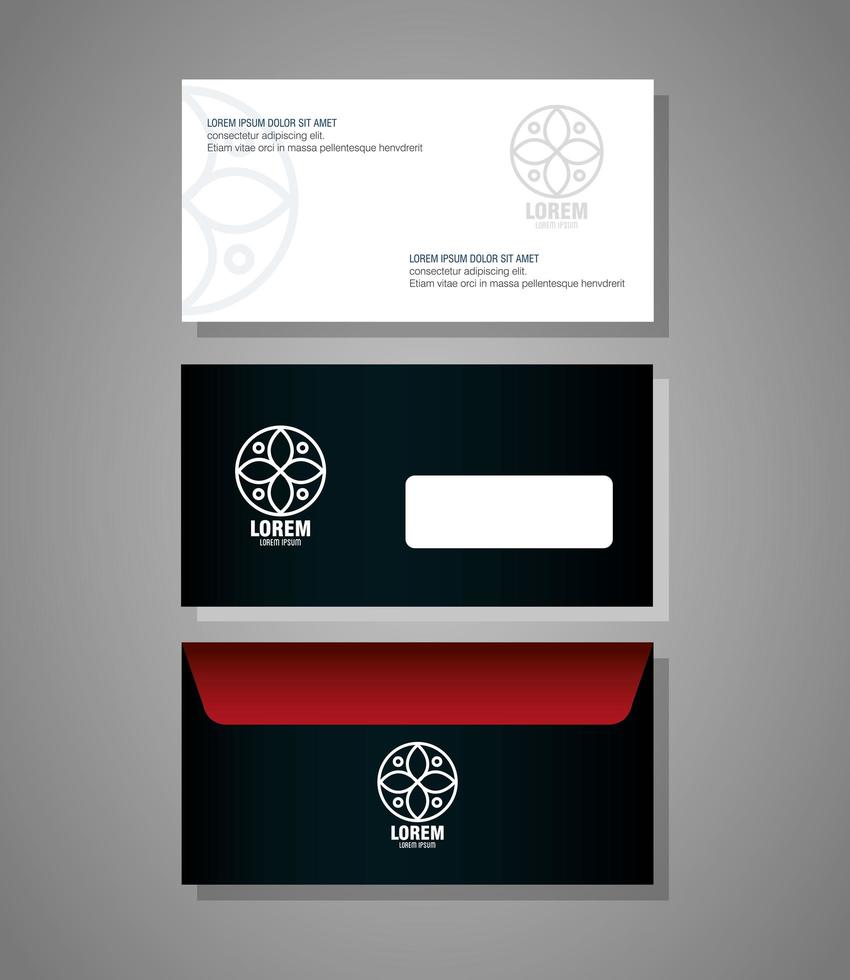 maqueta de marca de identidad corporativa, sobres y maqueta de documento negro con letrero blanco vector
