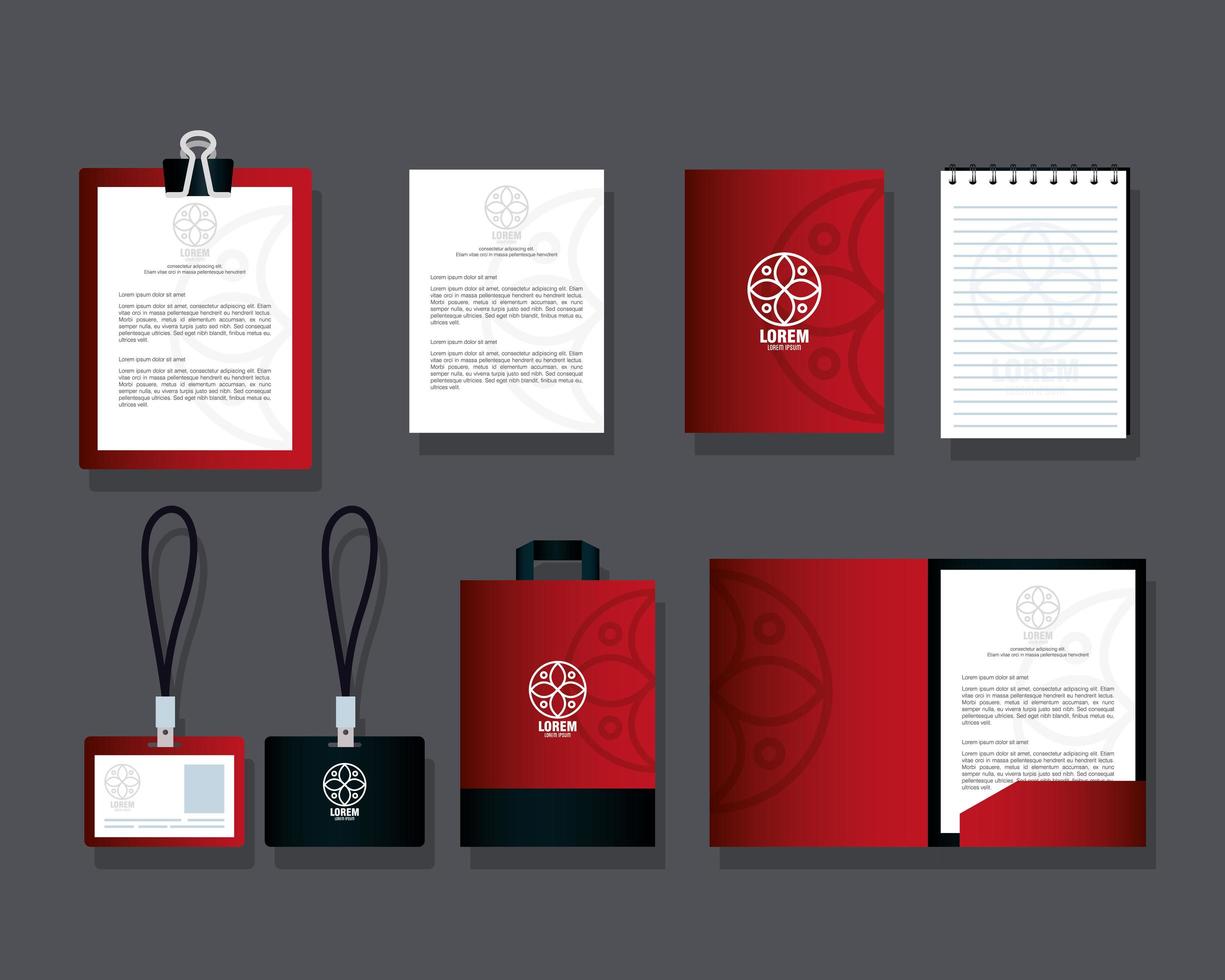 corporate identity brand mockup, set business stationery on gray background, red and black mockup with white sign vector