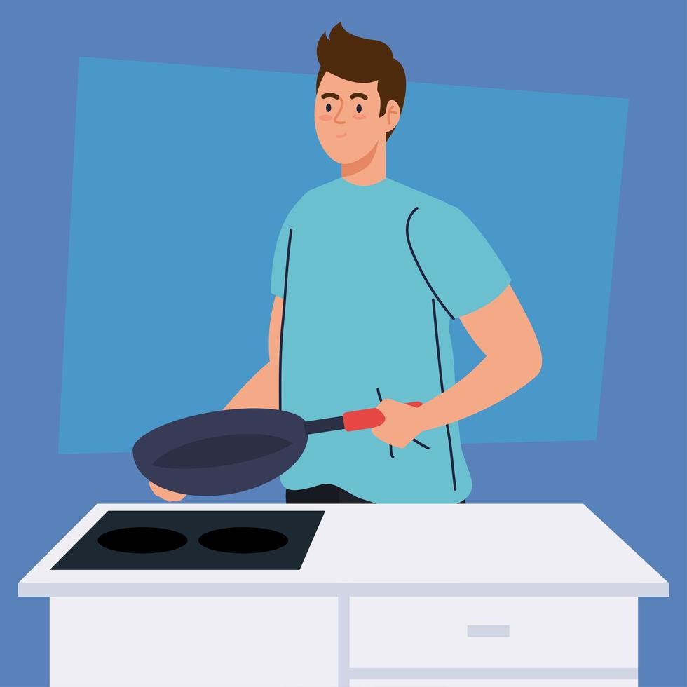 Hombre cocinando con sartén en la escena de la cocina vector