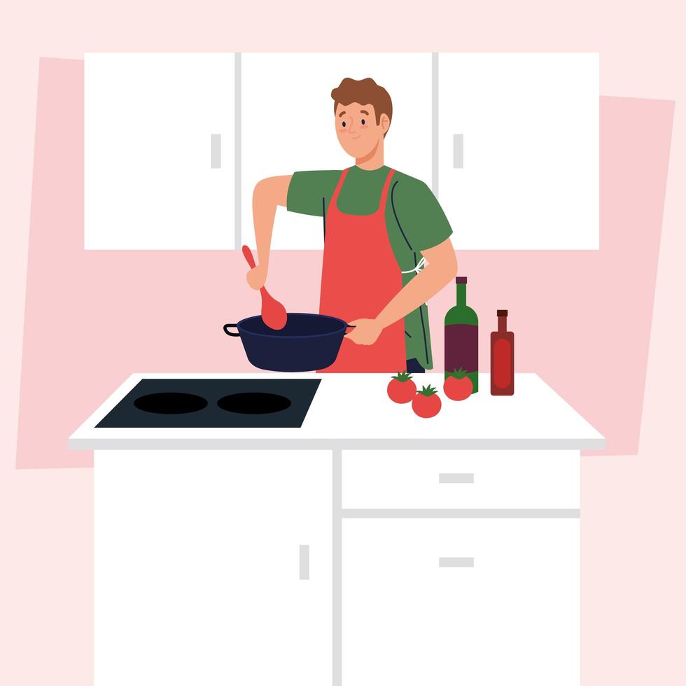 man cooking using apron, on kitchen scene with supplies and vegetables vector