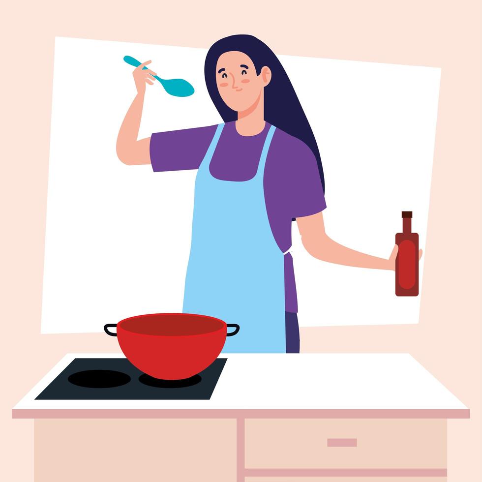 Mujer cocinando con delantal con estufa y suministros de cocina vector