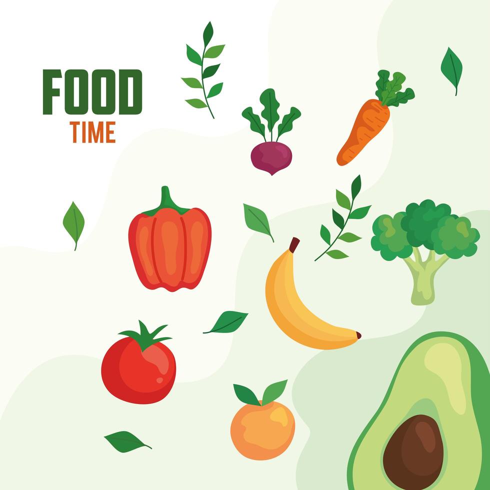 Banner con tiempo de comida verduras y frutas, concepto de comida sana vector