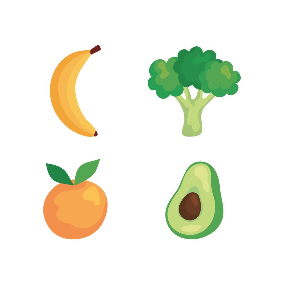 Conjunto de frutas y verduras frescas saludables sobre fondo blanco. vector