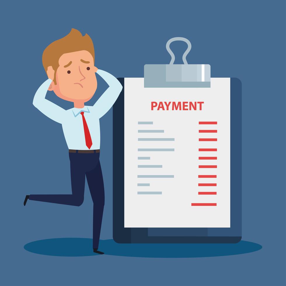 elegant businessman worried, and clipboard with payment information vector
