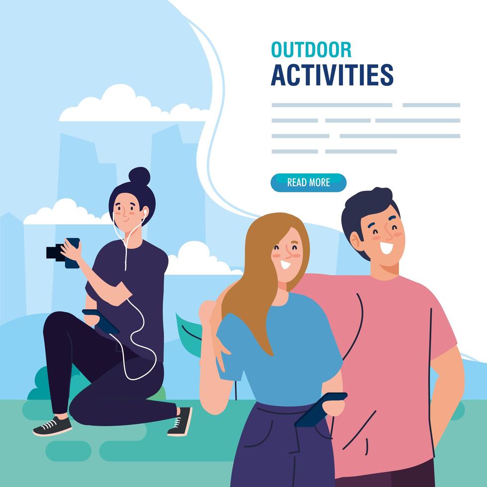 banner, people performing leisure outdoor activities, photographer woman taking a photo of couple in outdoor vector