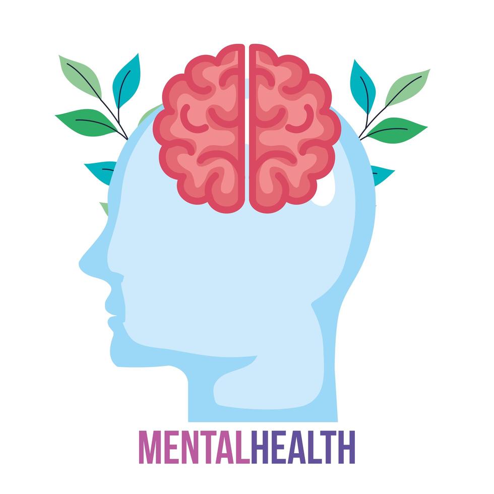 mental health concept, profile head with brain, and leaves vector