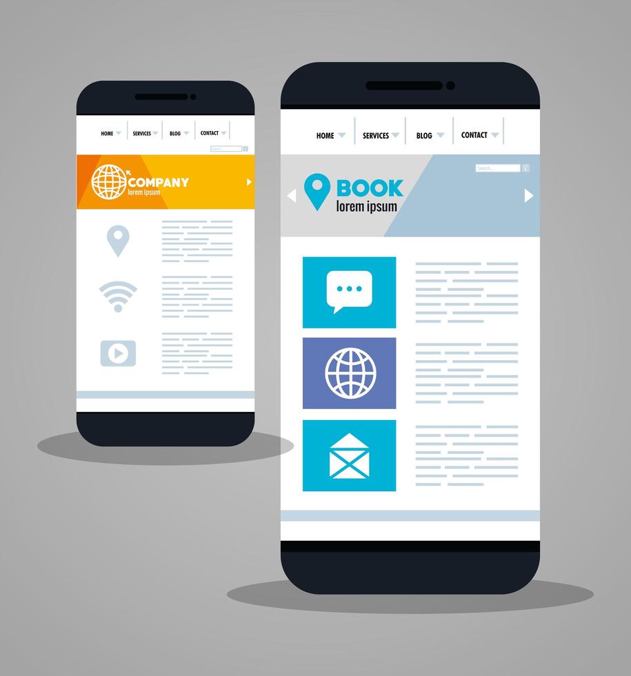 Mockup responsive web, concepto de desarrollo de sitios web en diferentes teléfonos inteligentes. vector
