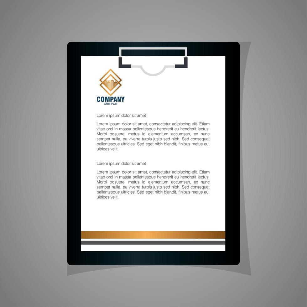 corporate identity brand mockup, document in clipboard black mockup with golden sign vector
