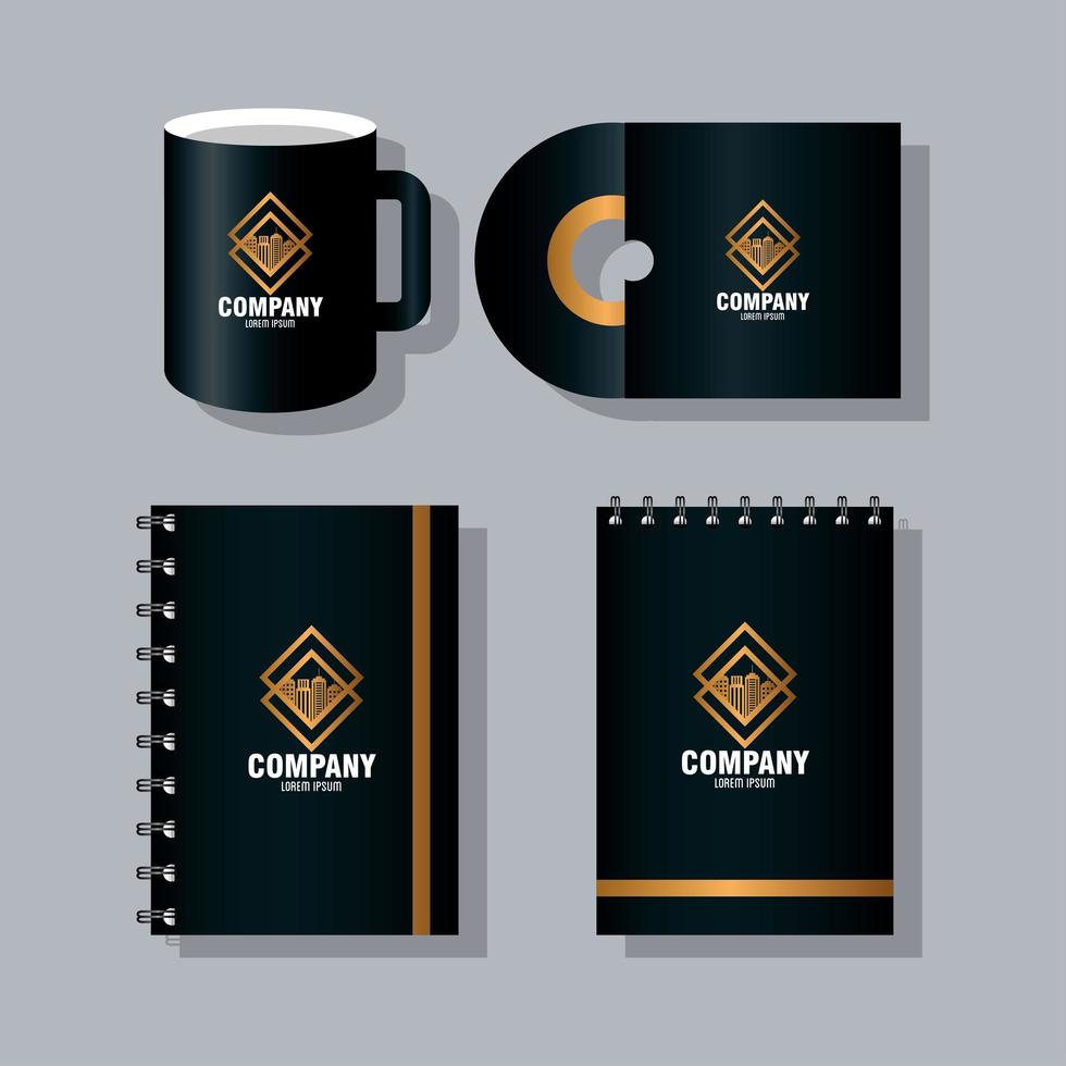corporate identity brand mockup, set business stationery, black mockup with golden sign vector