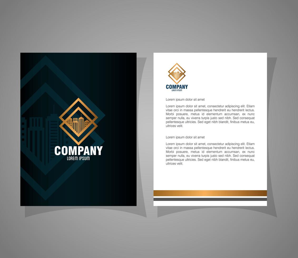 maqueta de marca de identidad corporativa, folleto y maqueta de documento negro con letrero dorado vector