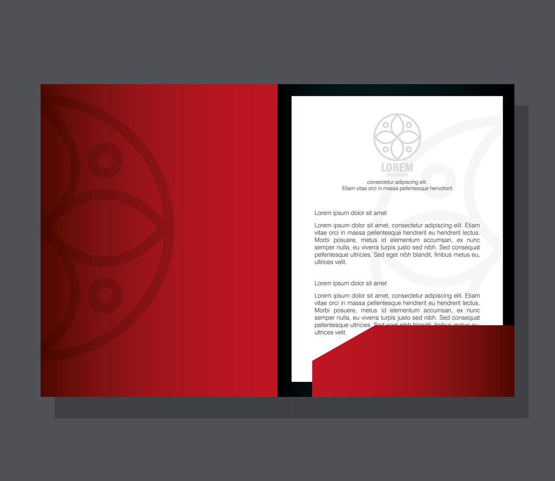 maqueta de marca de identidad corporativa, documento en maqueta de folleto rojo con letrero blanco vector