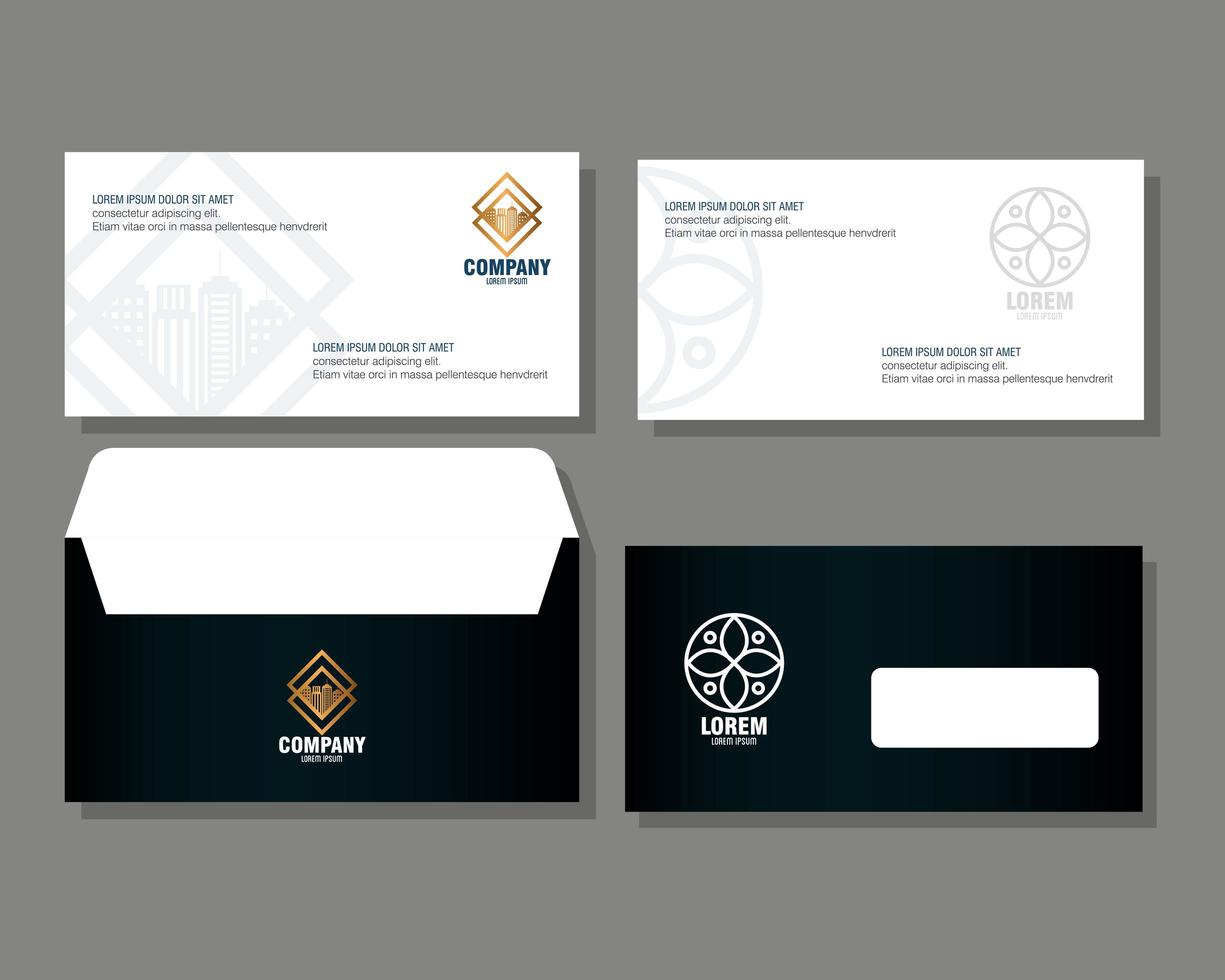 corporate identity brand mockup, envelopes and document black mockup with white sign vector
