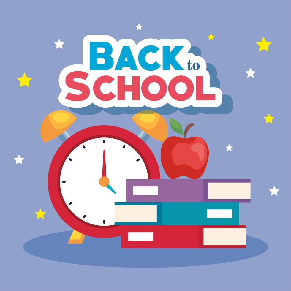 pancarta de regreso a la escuela, reloj despertador con libros y fruta de manzana vector