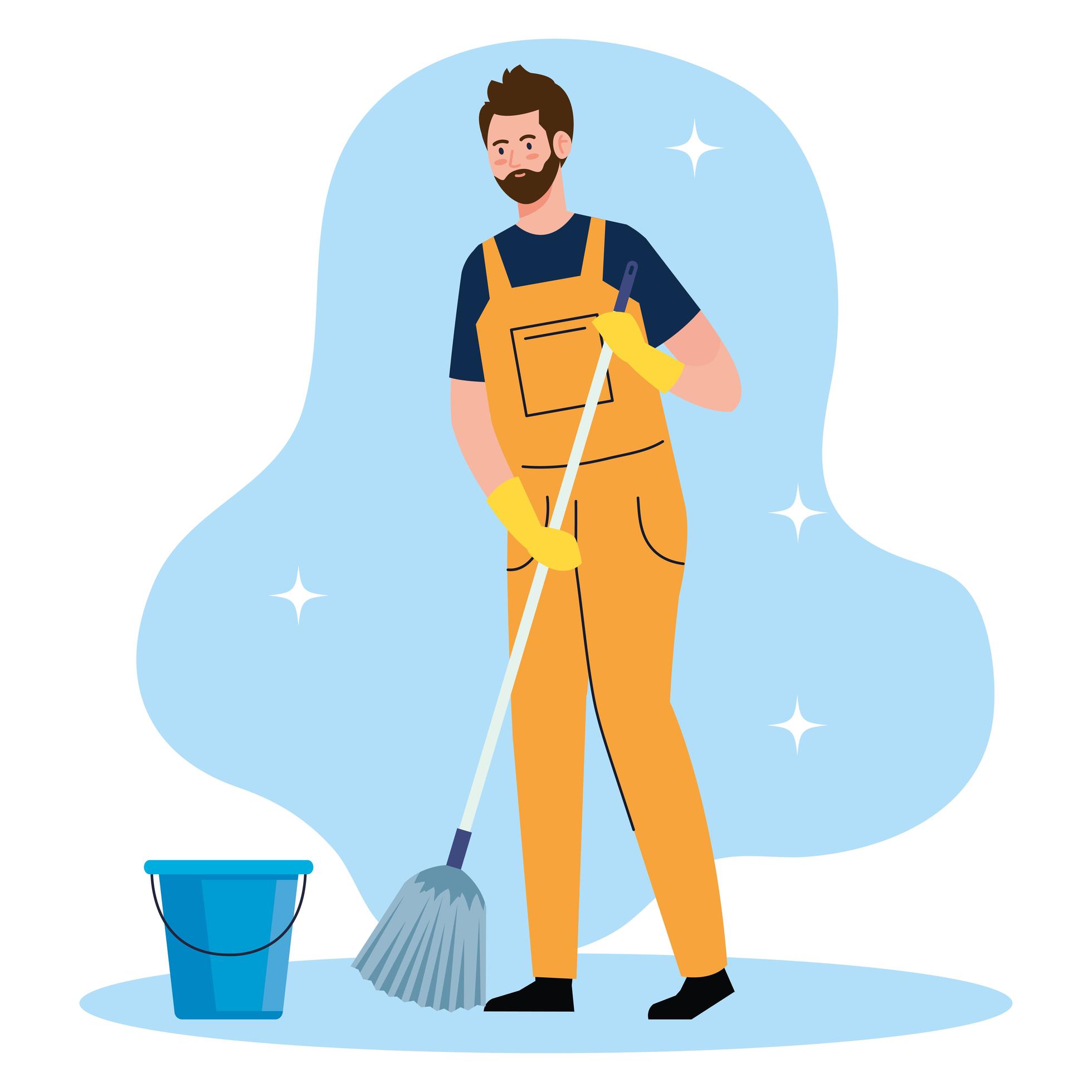 man cleaning worker with mop and bucket, man janitor with mop and
