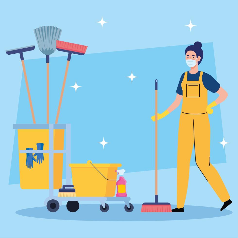 woman cleaning worker wearing medical mask with cleaning trolley, woman janitor wearing medical mask with cleaning trolley vector