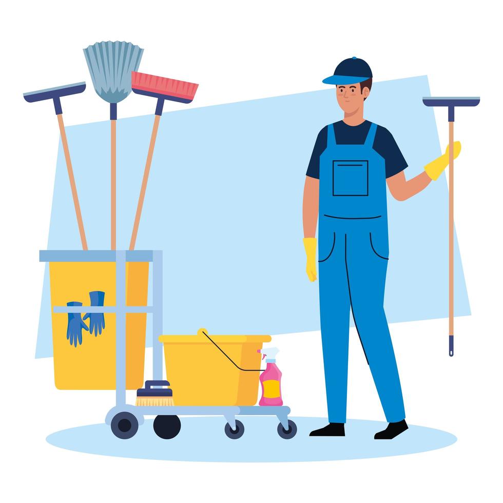 man cleaning worker with cleaning trolley, man janitor with cleaning trolley vector