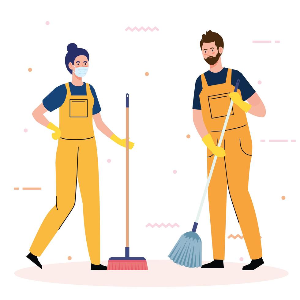 janitors team cleaning service, couple cleaners wearing medical mask, in uniform working with professional equipment of cleaner vector