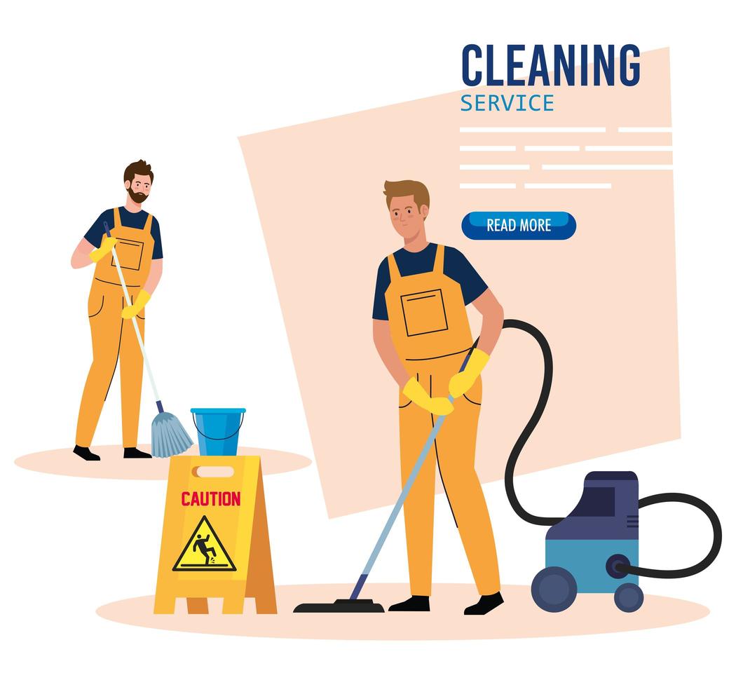 banner, janitors team cleaning service, men cleaners in uniform working with professional equipment of cleaner vector