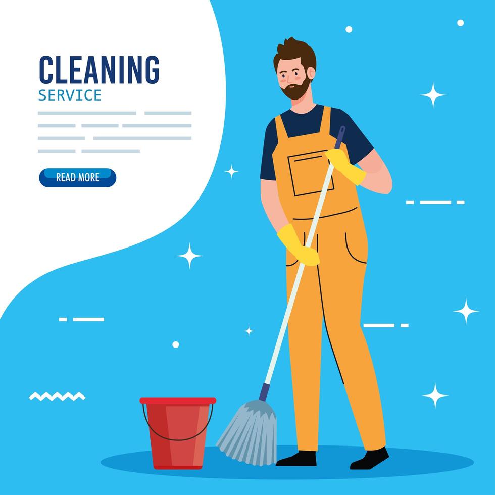 banner, man cleaning worker with mop and bucket, man janitor with mop and bucket vector
