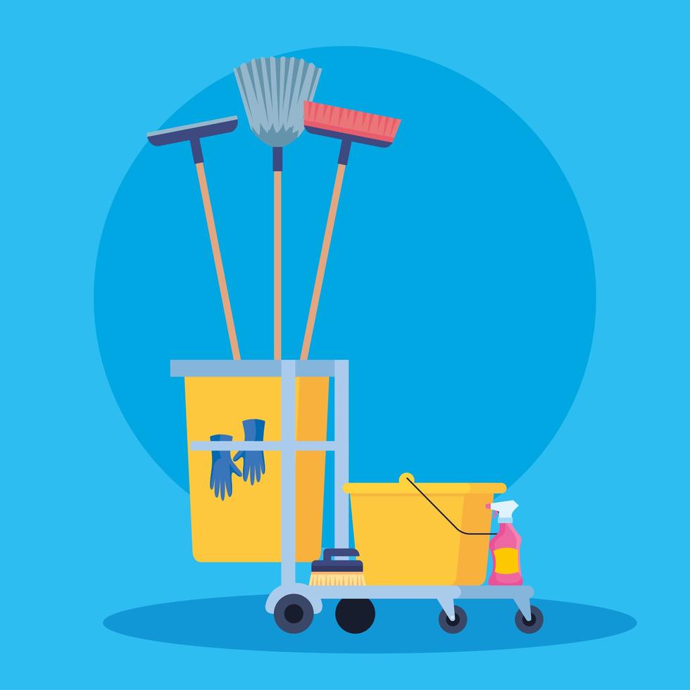 cleaning trolley with equipment icons vector