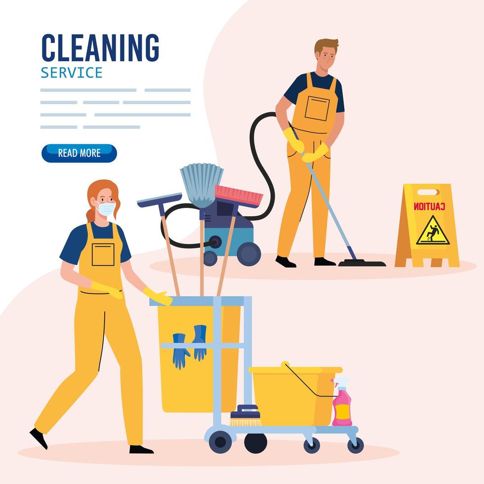 banner, janitors team cleaning service, couple cleaners wearing medical mask, in uniform working with professional equipment of cleaner vector