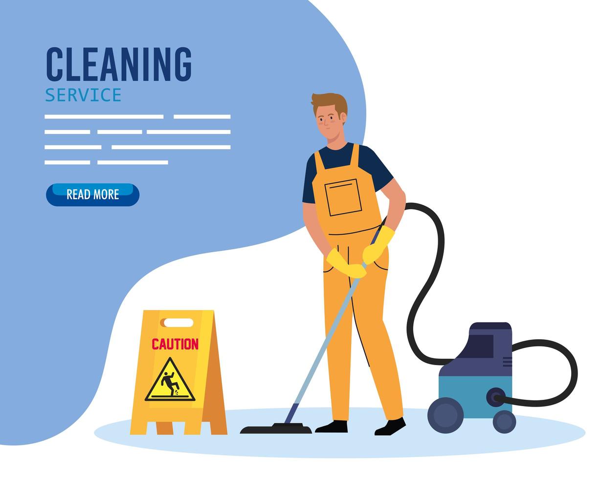 banner, man cleaning worker with vacuum cleaner, man janitor with vacuum cleaner and signage caution vector