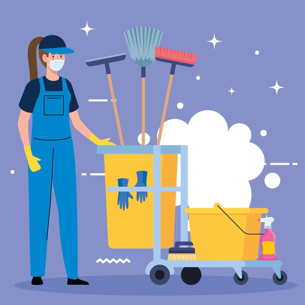 woman cleaning worker wearing medical mask with cleaning trolley, woman janitor wearing medical mask with cleaning trolley vector