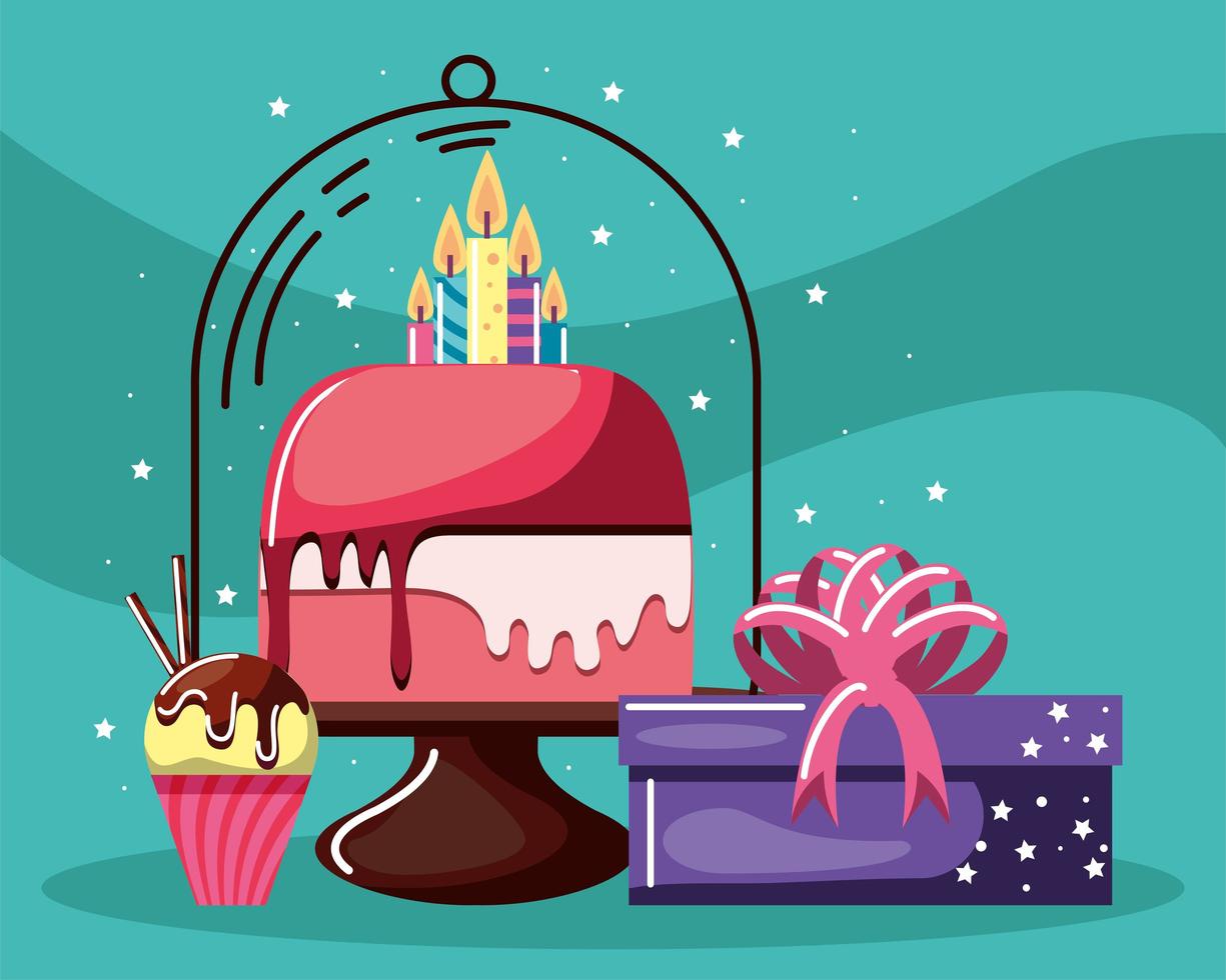 pastel de cumpleaños, cupcake y regalo vector