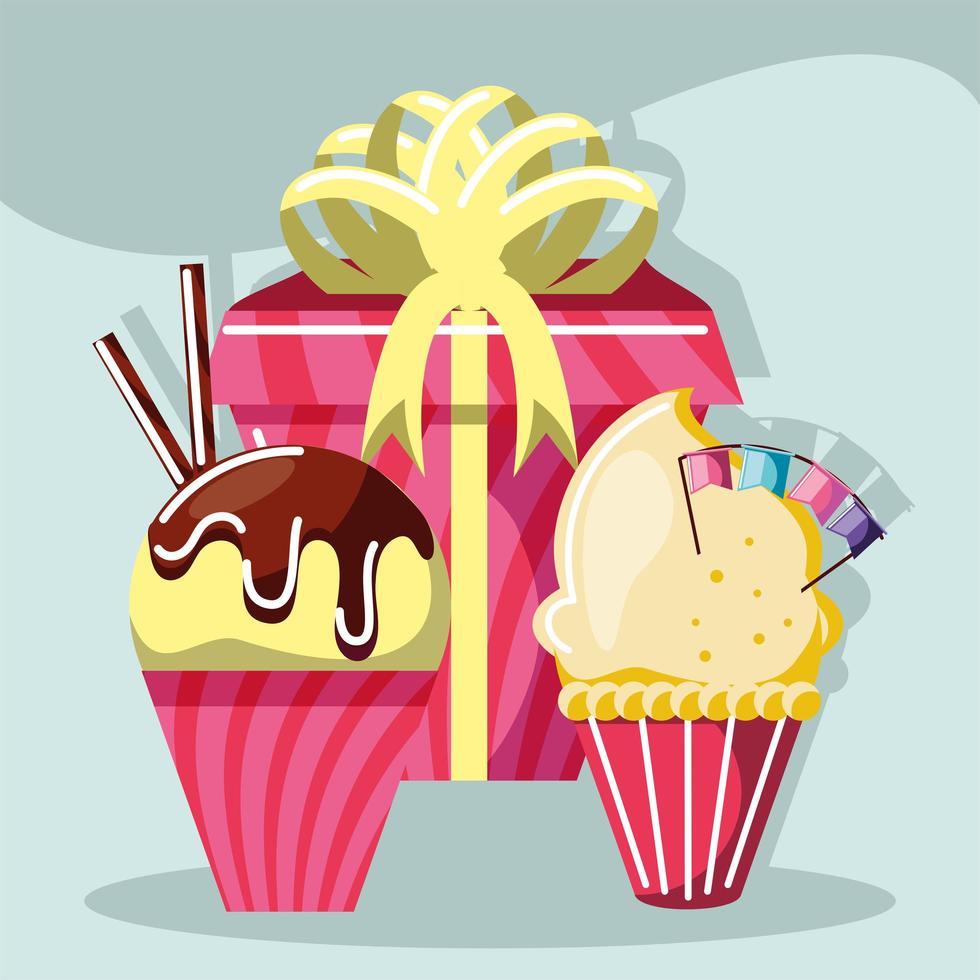 birthday cupcakes and gift vector