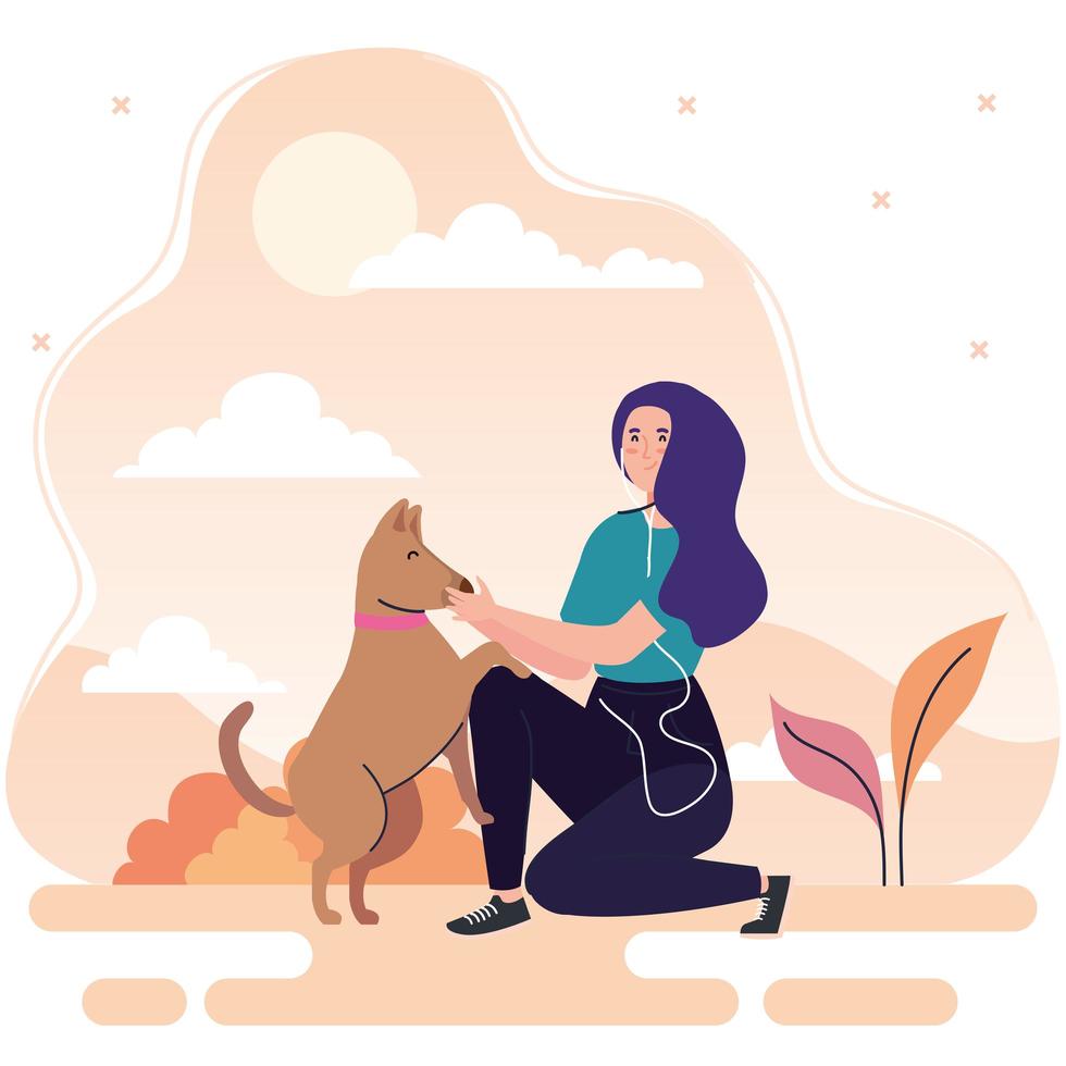 banner, woman performing leisure outdoor activities, woman with dog pet vector