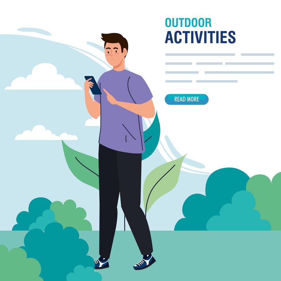 banner, man performing leisure outdoor activities, young man using smartphone vector