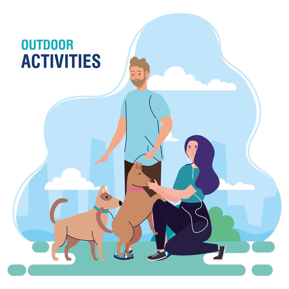 banner, couple performing leisure outdoor activities, couple walk with dogs vector