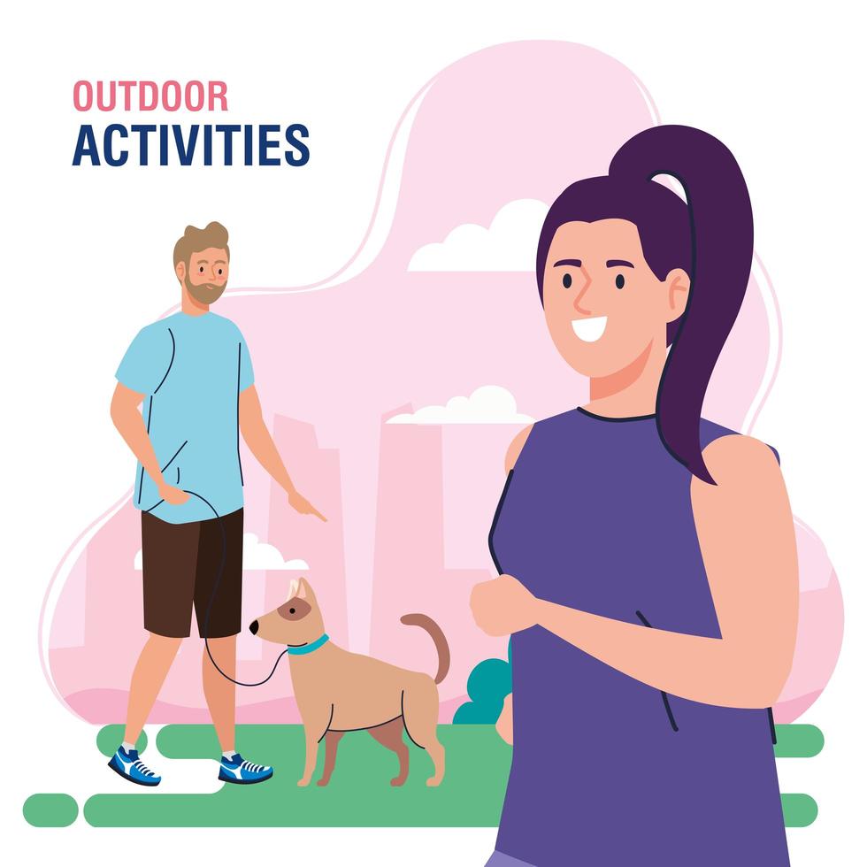 banner, couple performing leisure outdoor activities, woman walk with dogs vector