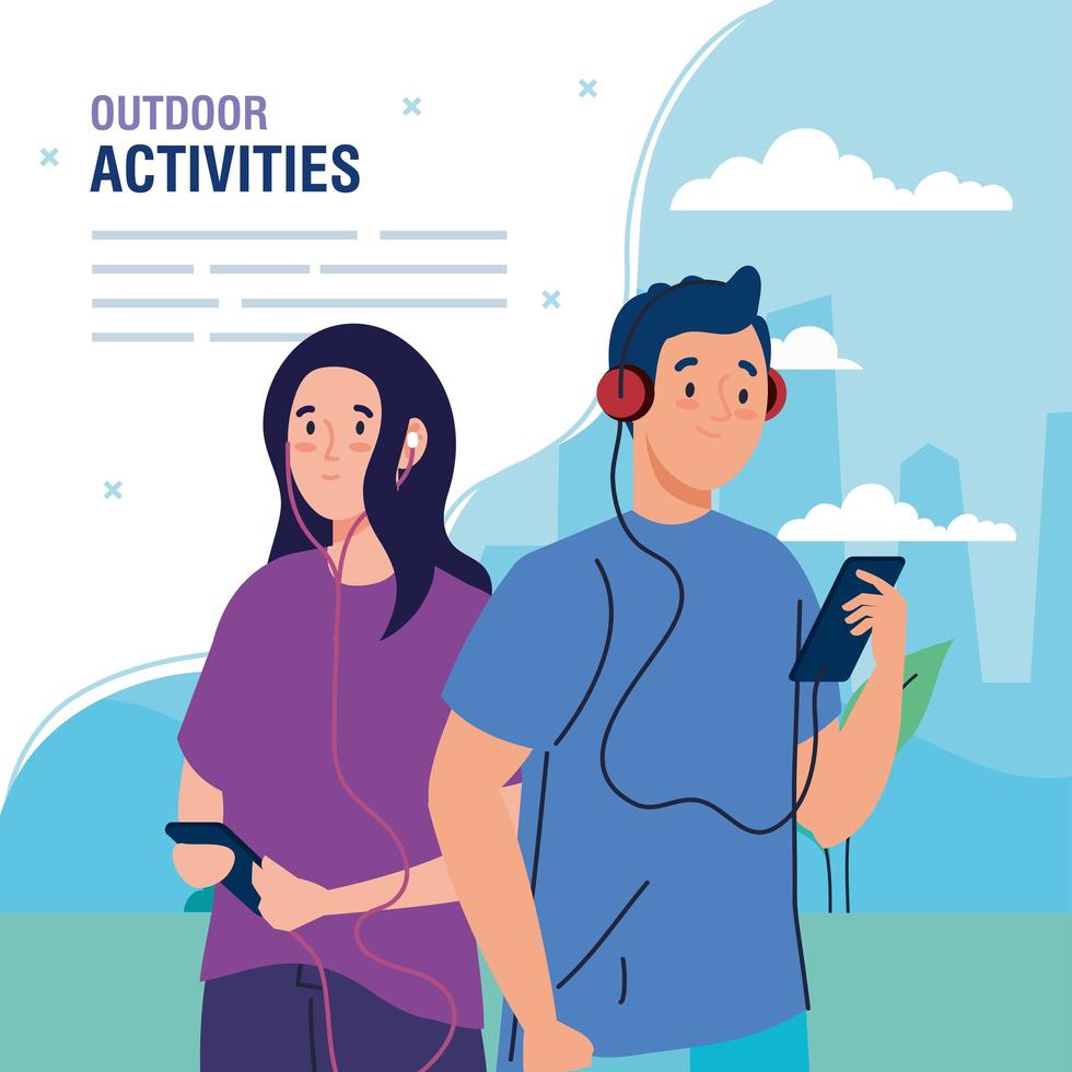 pancarta, pareja realizando actividades de ocio al aire libre, pareja usando auriculares y teléfonos inteligentes vector