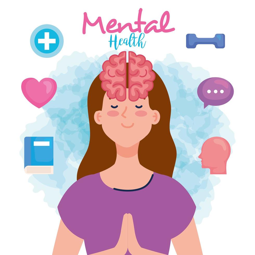 mental health concept, woman with mind and healthy icons vector