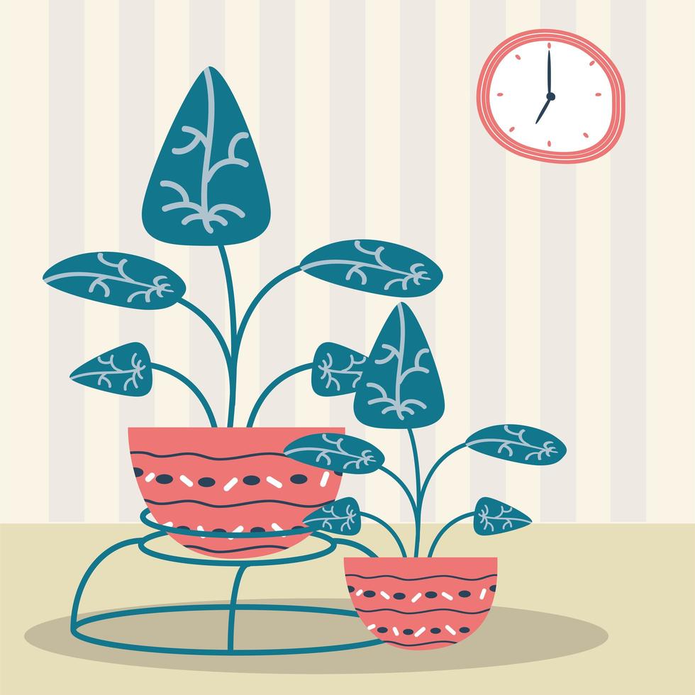 plantas en macetas y reloj vector