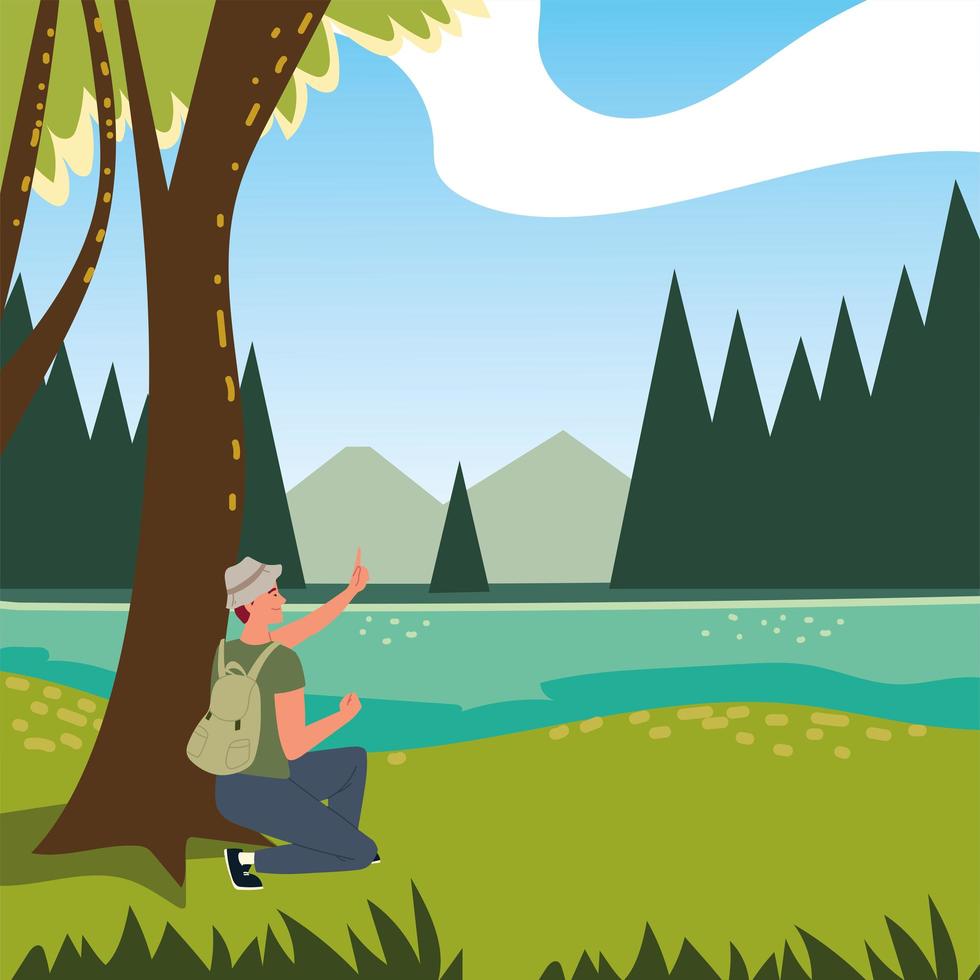 hombre en el bosque con arboles vector