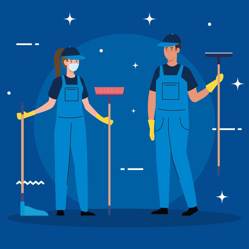 janitors team cleaning service, couple cleaners wearing medical mask, in uniform working with professional equipment of cleaner vector