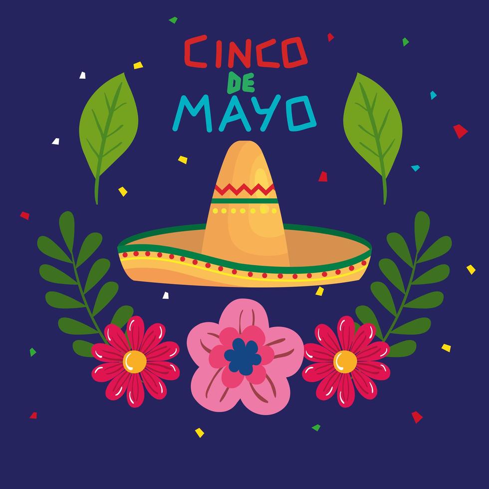 cartel del cinco de mayo con sombrero de mimbre y decoración vector