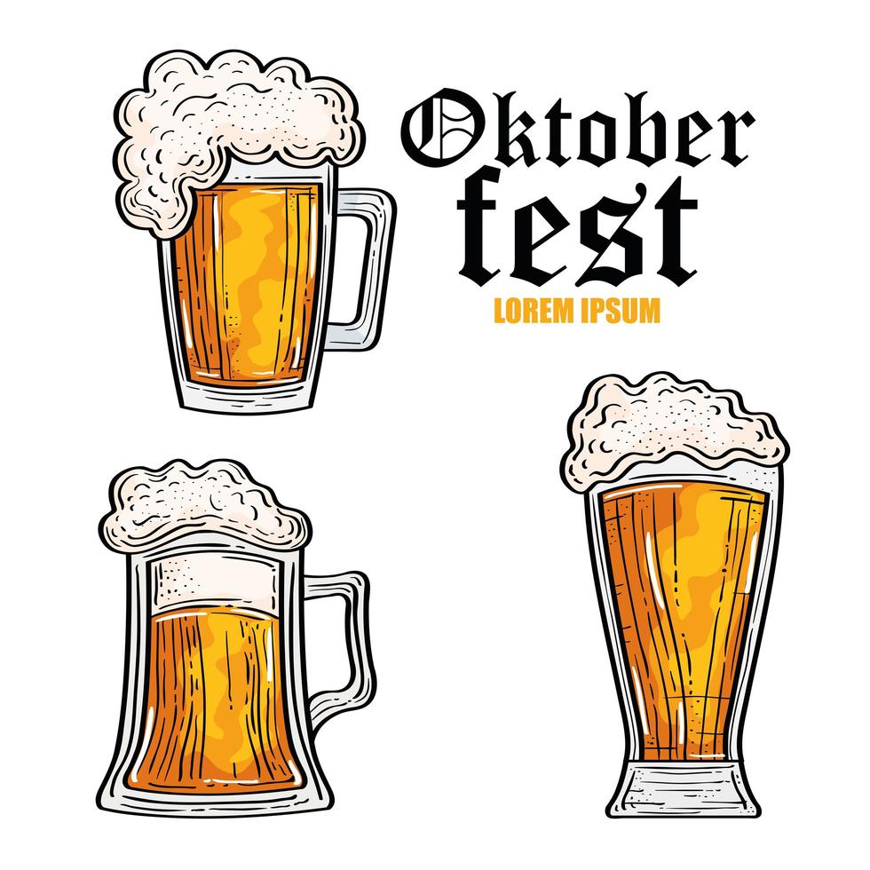 Celebración del festival oktoberfest con cervezas en fondo de madera vector