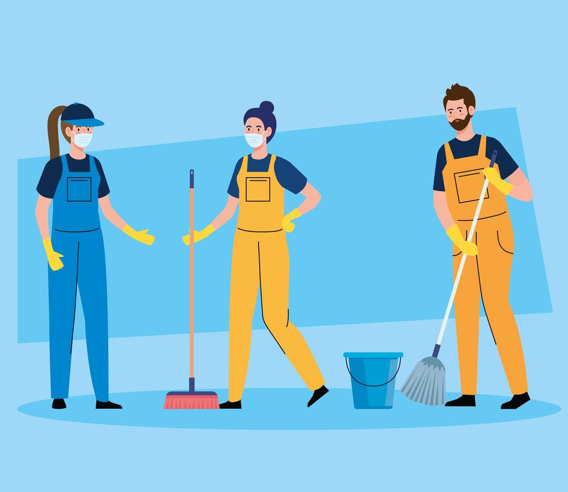 janitors team cleaning service, people cleaners wearing medical mask, in uniform working with professional equipment of cleaner vector